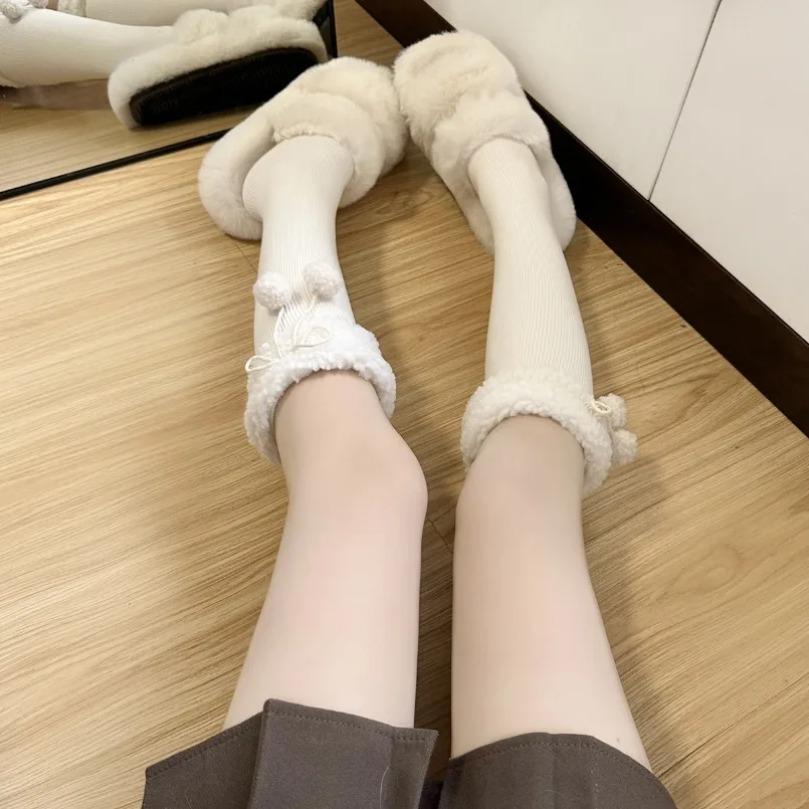 Over Above Knee Socks Long Thigh High Womens Stockings Warm Winter Ladies Girls Black Knitting Cotton Socks Thick Fur Ball