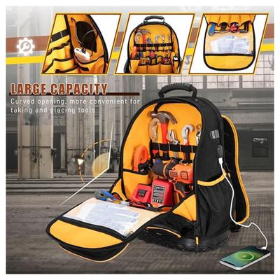 Tool Backpack with Hard Bottom and a Tool Pouch, Heavy Duty Tool Bag with Multiple Pockets and Laptop Sleeve, Black