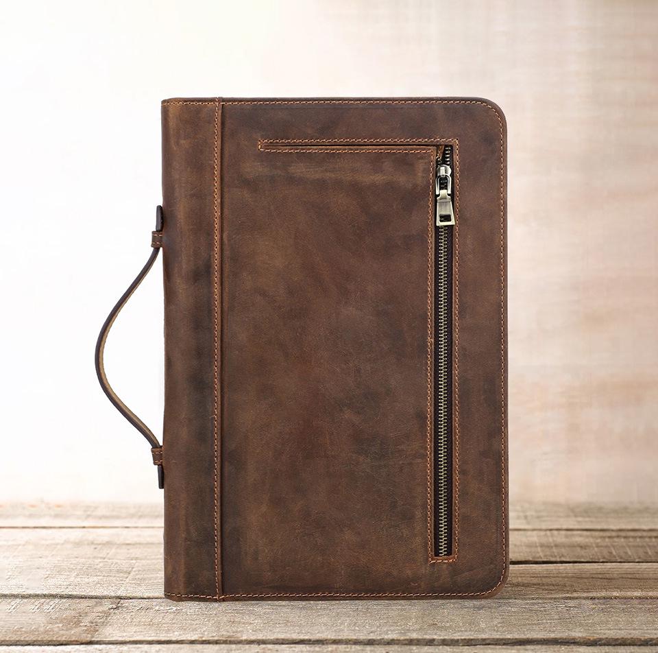 Handmade Crazy Horse Genuine Leather Book Cover with Pen Loop and Zipper
