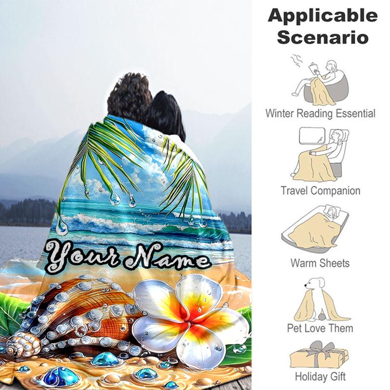 1PC Custom Name Beach Shell Plumeria Dream flannel blanket versatile,all-season throw suitable for the living room,bedroom,camping,travel,and gift