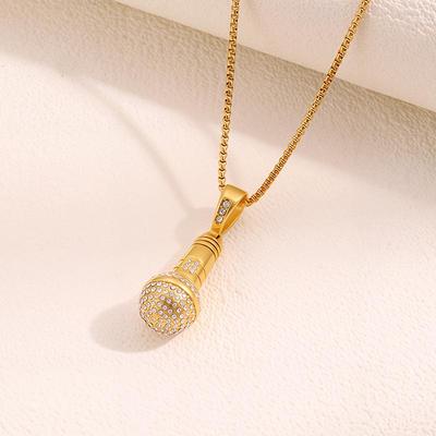 European & American Fashion Microphone Pendant Necklace - Titanium Steel, Full Diamond, Hip-Hop Street Rock Style