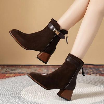 Sapatos Mulheres Ovelhas Camurça Botas Curtas Biqueira Quadrada Botas de Salto Grosso para Mulheres Inverno Mulheres Maduras Botas Sólidas Botas Modernas