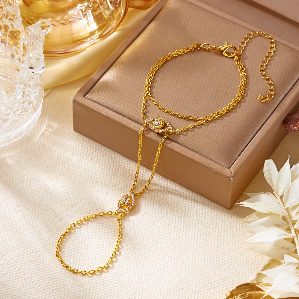 Personalized Vintage Eye Zircon Finger Chain for Women Dainty Copper Pave Link Hand Bracelet Gold Jewelry