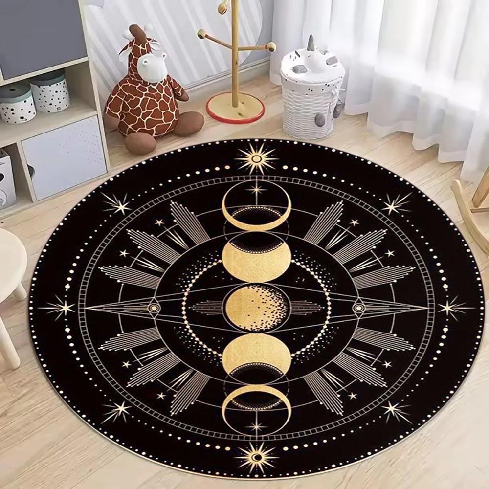 

Black Gold Celestial Round Rug with Sun Moon Stars Zodiac Constellation Pattern Mystical Bohemian Style Carpet for Home Decor 80cm x 80cm