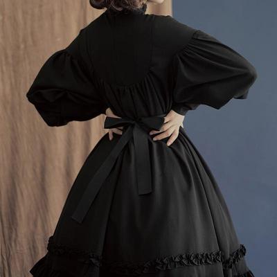 Lolita Mini Dress Vintage Stand Collar High Waist Button Ruffle A-Line Dress Cute Cosplay Vestidos