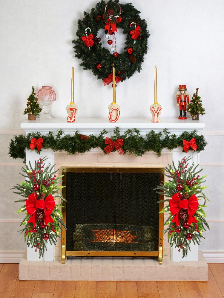 Xmas Staircase Swag with Light String Artificial Wreath Decor for Door Stair Wall Window