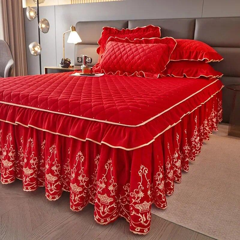 Colcha de cama de veludo europeia king size queen conjunto de luxo bordado saia de cama macia com 2 fronhas dropshipping