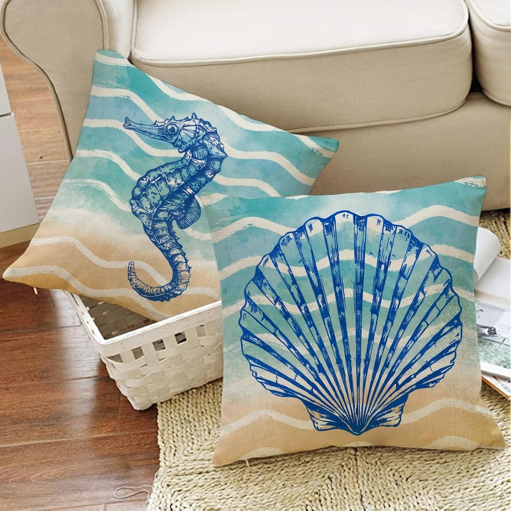 1/4pcs Coastal Throw Pillow Covers Watercolor Beach Ocean Theme Seahorse Starfish Shell Coral Cushion Cases for Home Patio Decor