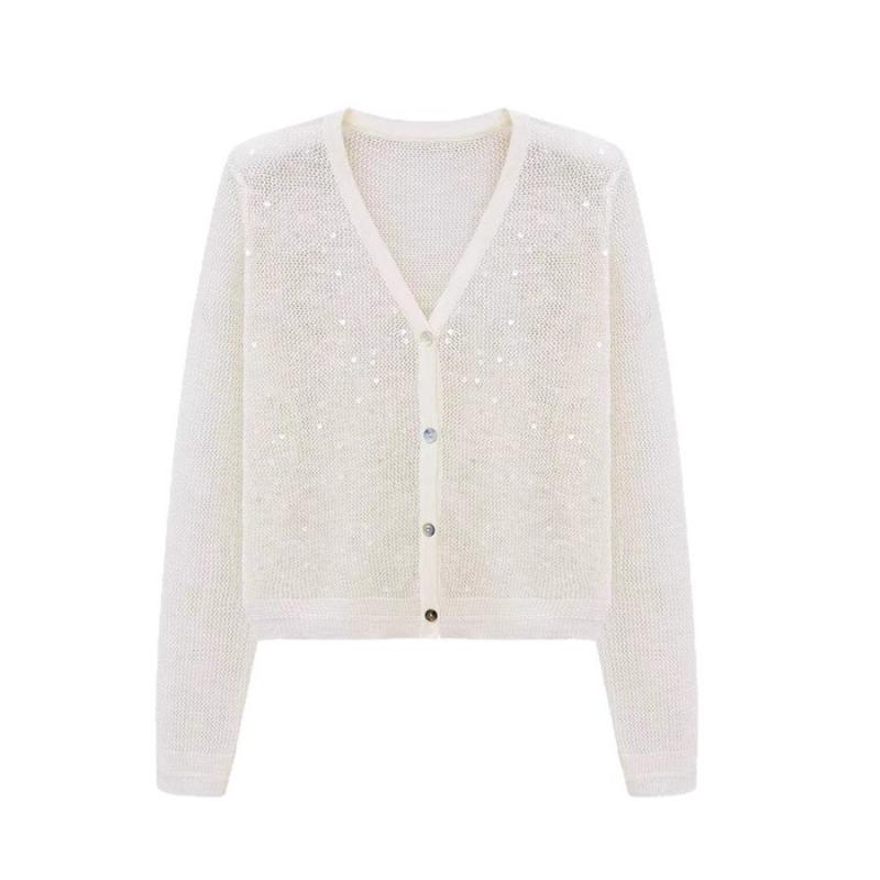 Ice Silk High-end Sequin Knitted Cardigan Women's Summer New Hollow Tulle Sunscreen Outerwear Blouse Top