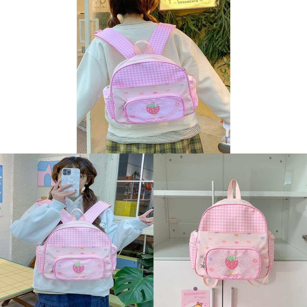 Niedlicher Mini-Rucksack aus Nylon mit rosa Erdbeeren, Schmetterlings- und Schleifenmotiv für den täglichen Gebrauch