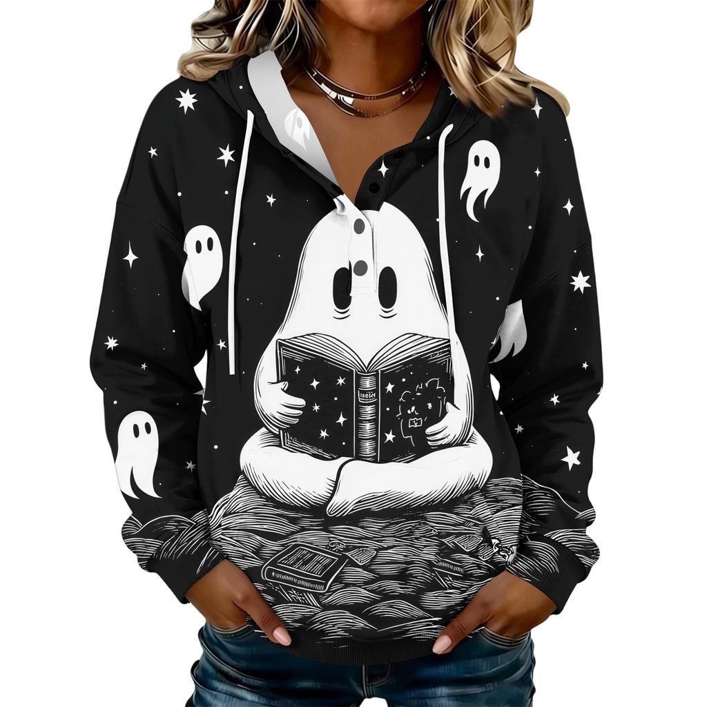 Women's Halloween Print Hoodie Button Front Long Sleeve Sweatshirt