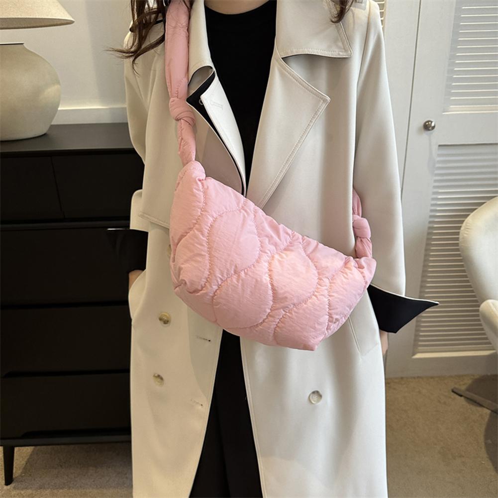 Female Puffer Shoulder Bag Trendy Soft Down Cotton Underarm Bag with Zipper Quilted Simple Crossbody Bag Solid Color Lightweight