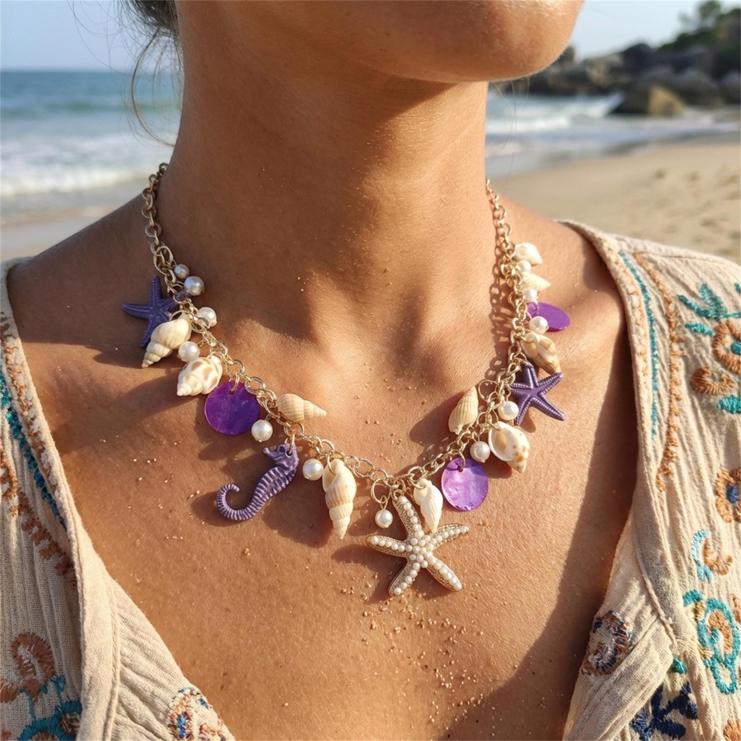 

New Unique Ocean-Themed Double Layer Necklace for Women Starfish Conch Seahorse Shell Pendant Choker Girl Beach Jewelry Gifts