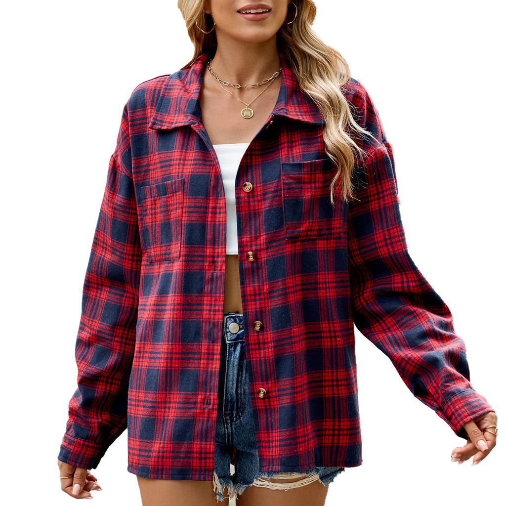 Women's Lapel Long Sleeve Plaid Shirt Loose Fit Elegant Commuter Pocket Design Wrinkle Resistant 100% Rayon Casual Oversized Shirt Jacket