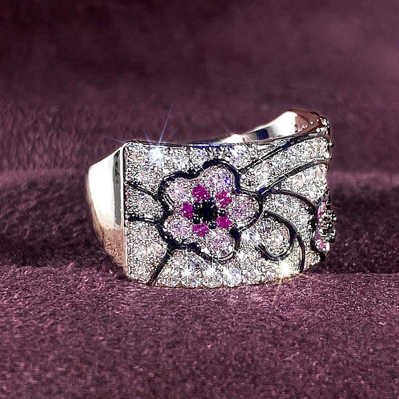 Huitan Aesthetic Pink Flower Finger Rings for Women Fulll Bling Bling CZ Gorgeous Female Rings Party Gorgeous Fashion Zircon 7