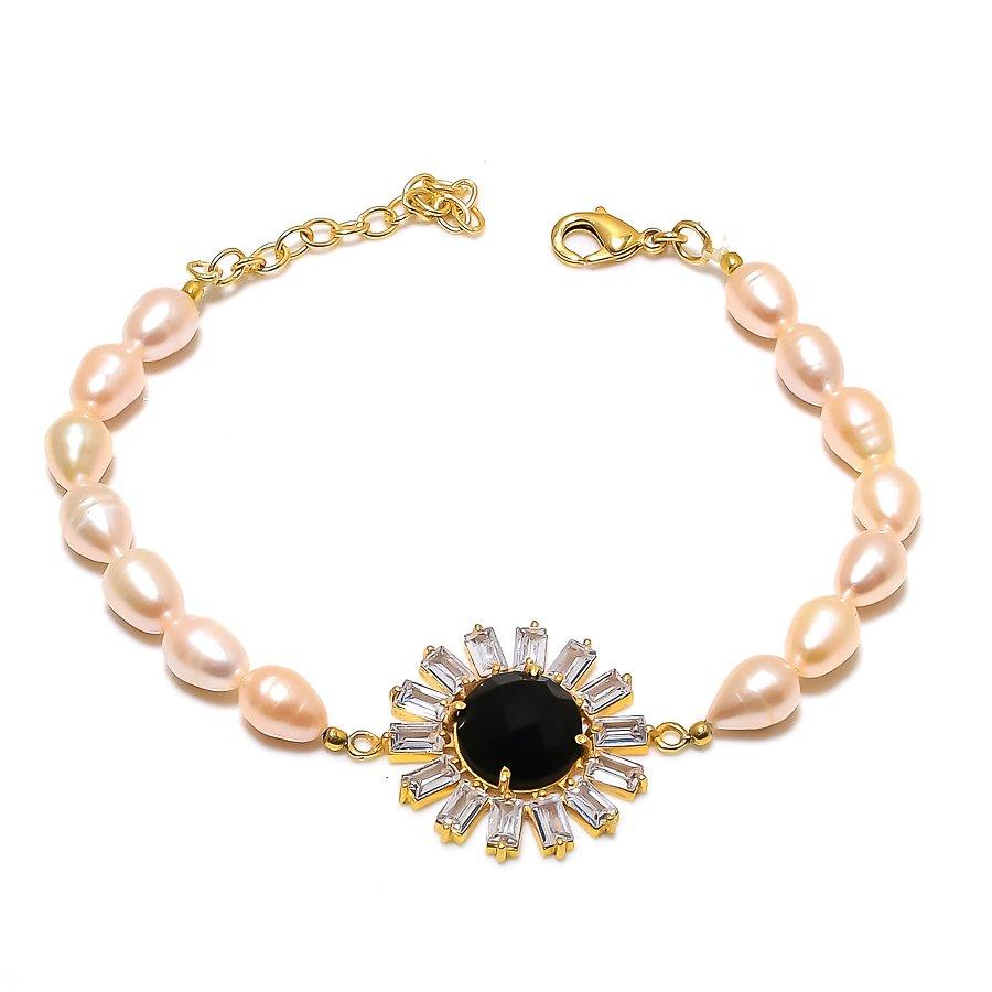 Black Spinel, Pearl Gemstone Handmade 925 Sterling Silver Bracelet 7-8" GK-6122