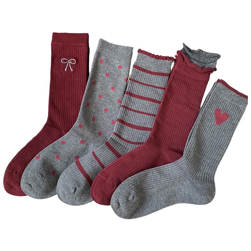 Șosete Dama Ankola Roșii cu Broderie Fundă - Toamnă/Iarnă Stil Retro Gri