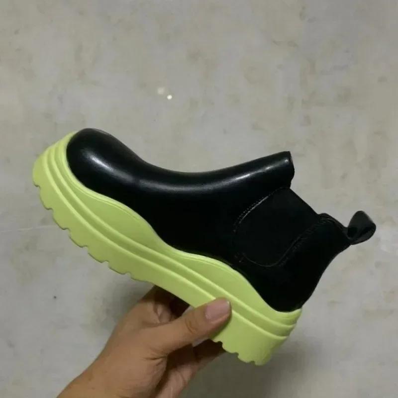 Round Head Ankle Chelsea Boots Bottom Slip-on 2024 Autumn Women New Thick Boots Women's Boots Fashion Platform Shoes Botas Mujer