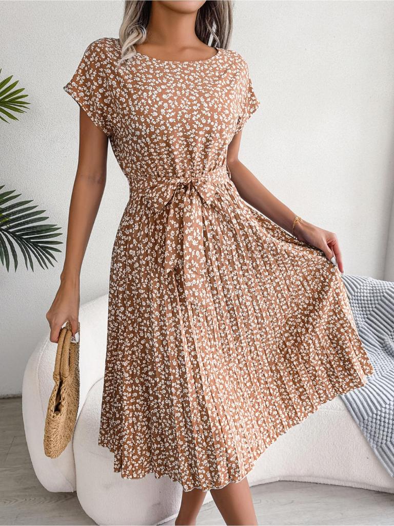 Abito stampato con scollo a O, elegante abito attillato per le donne, a maniche corte, abiti larghi, abito casual