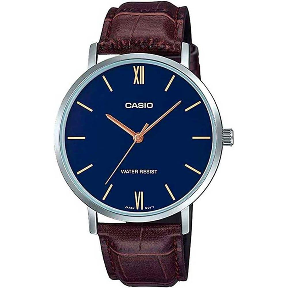 Casio LTP-VT01L-2B Women s Minimalistic Blue Dial Analog Watch Brown Leather Band