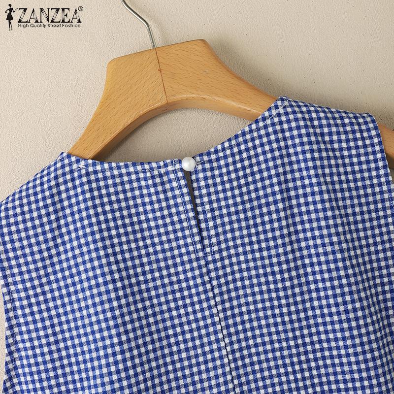 ZANZEA Womens Summer Round Neck Sleeveless Plaid Print Tank Tops