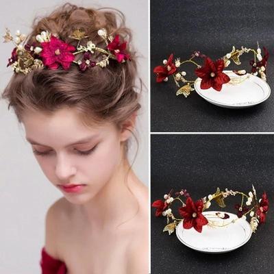 Red Flower Head Decoration Bridal Jewelry Gold Hollow Head Wedding Hair Accessories for Women