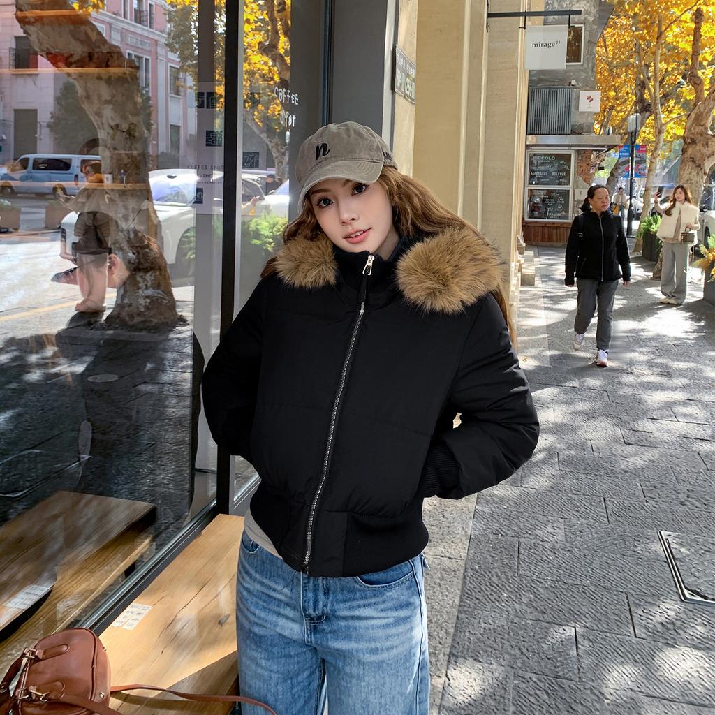 Autumn and winter new design sensual versatile zipper fur collar hooded thin long-sleeved cotton