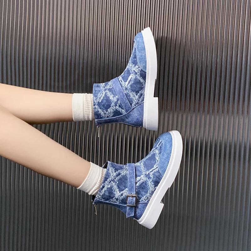 Fashion Cowboy Canvas Ankle Women Flats Boots Belt Buckle Checkered Fashion Designer Winter New 2025 Trend Women Shoes Cozy Casual Botas
