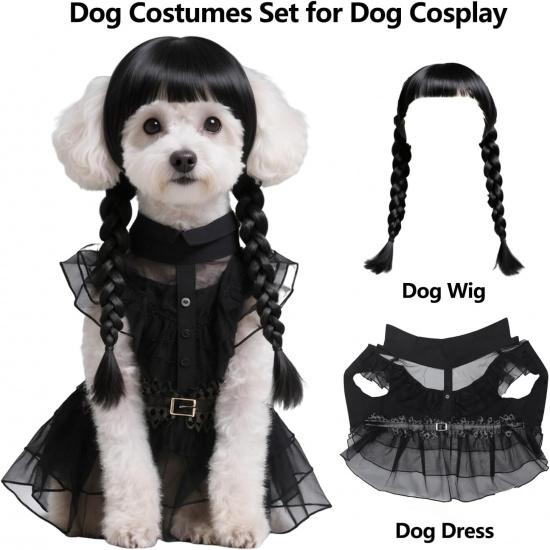 3pcs Dog Clothes for Small Dogs Puppy Costumes with Wig and Belt Black Pet Dog Dress Outfit for Dogs Cats Cosplay Halloween Birthday Party AN002S