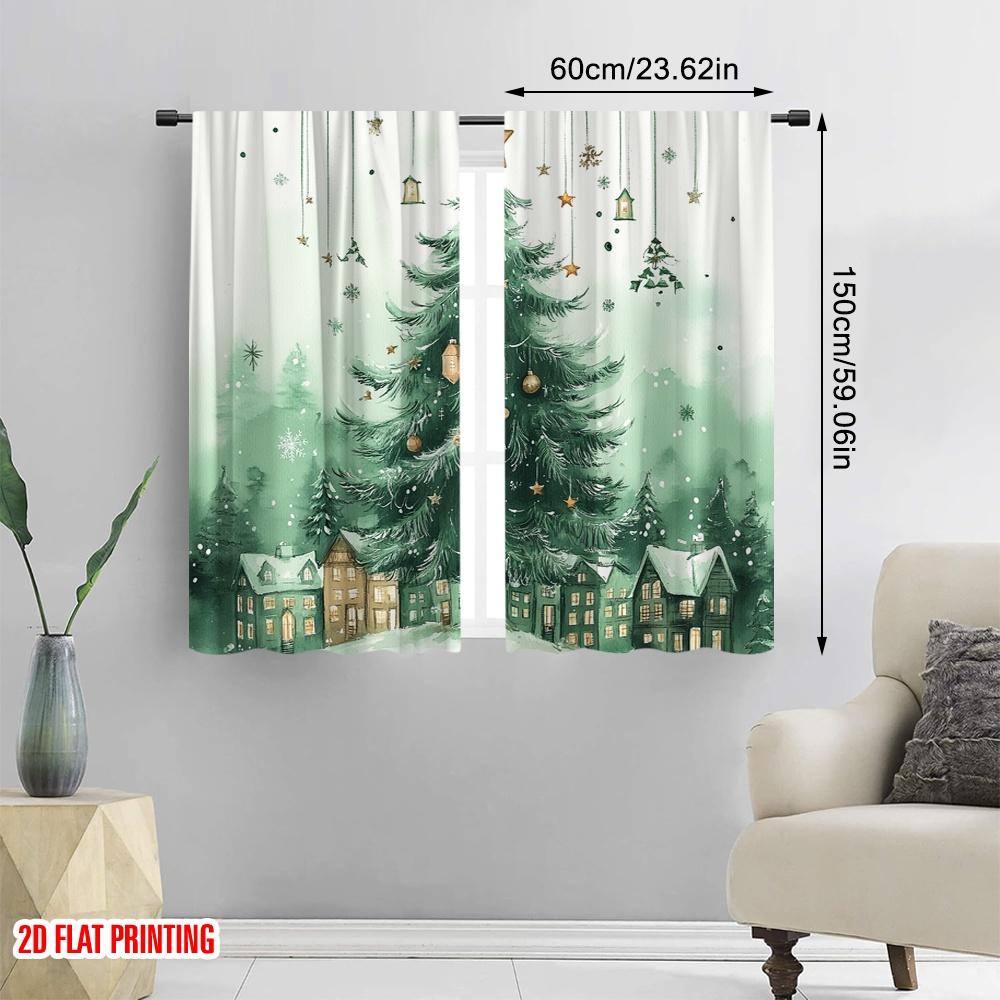 2pcs,2D plane printing Popular Curtain Panels Christmas Tree Snow Village (2) Versatile Polyester Fabric (without rod) All