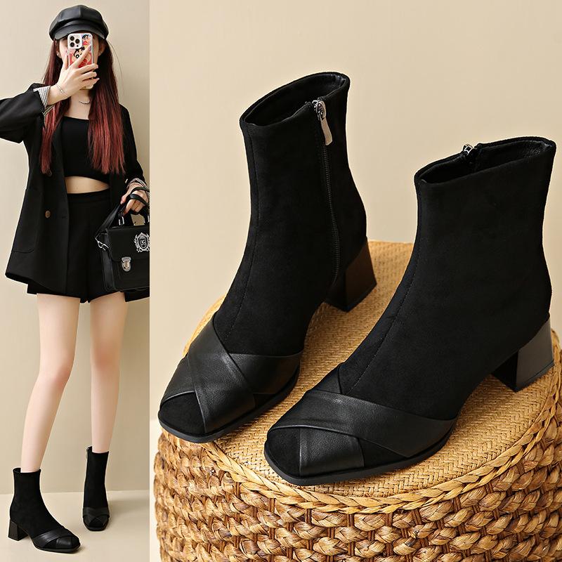 Cowhide version~~ Maillard splicing elastic short boots women's 2025 new autumn thick heel and ankle thin boots single boots