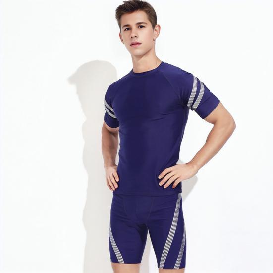 Herren Badeshorts Wassersport Oberteil O-Ausschnitt Kurzarm Slim Fit Elastisch Atmungsaktiv Schnelltrocknend Gestreift Knielange Hose Surfen Waten Sport