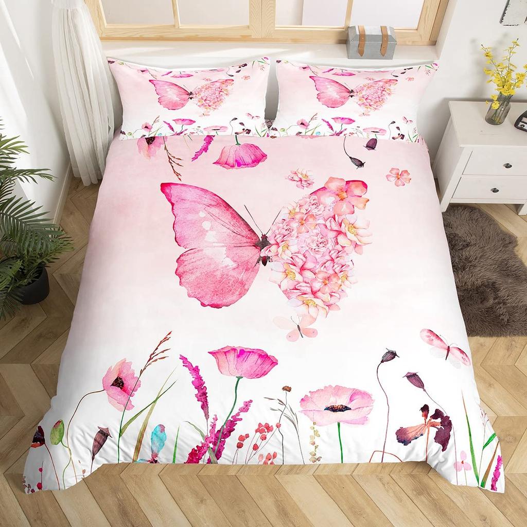 Blue Butterfly Duvet Cover Set for Girls, Mandala Bedding Boho Floral Bedroom Comforter Cover Butterfly Print King Quilt Covers