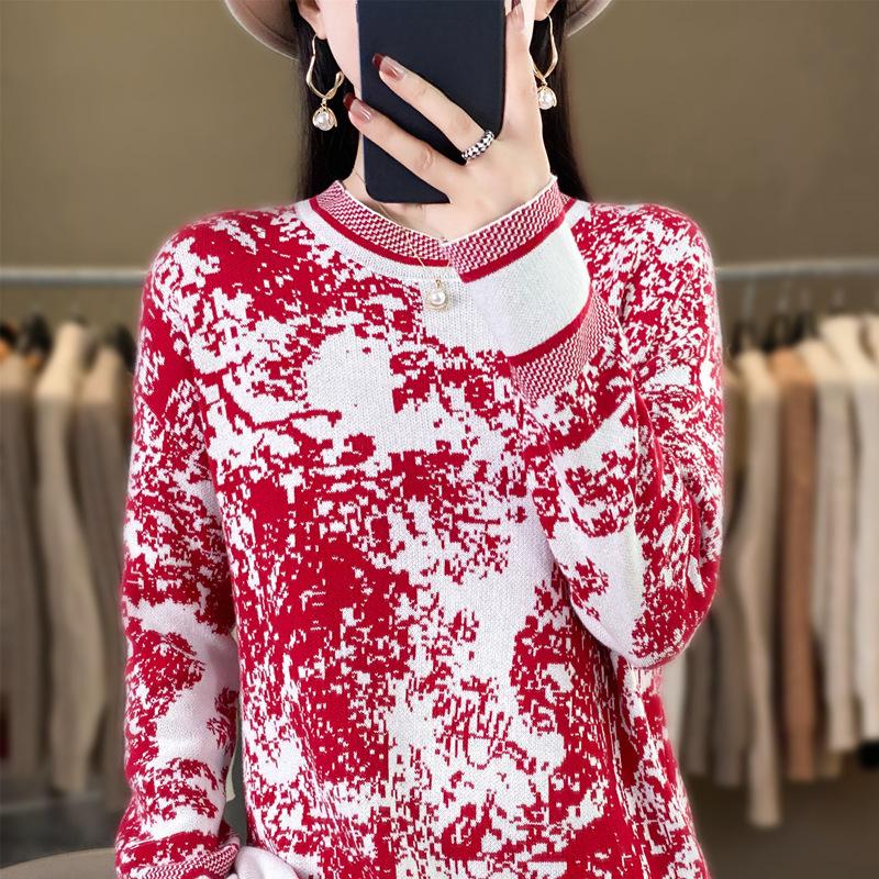 

Трикотаж с рисунком тушью, длинный рукав, осенне-зимний женский свитер, модный свитер с полувысоким воротом, нижняя часть рубашки XXL красный