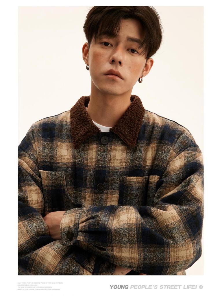 Giacca Camicia a Maniche Lunghe Plaid in Flanella di Agnello Unisex Autunno-Inverno - Fresca Vestibilità Larga Giapponese