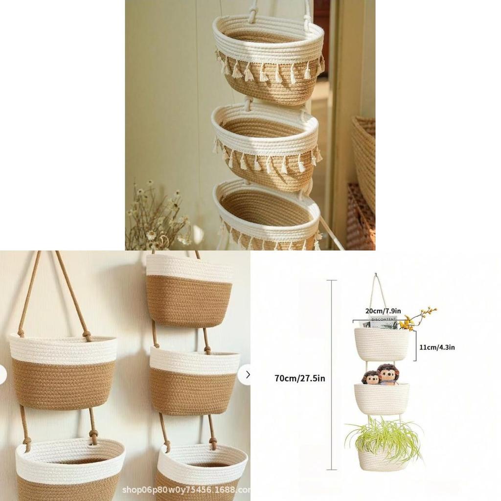 Farmhouse Wall Hanging Storage Basket With Three Layers For Dorm Room Organization