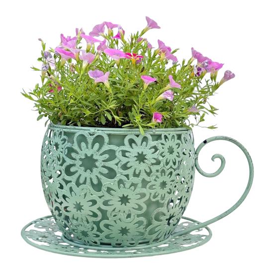 

Винтажная чайная чашка-кашпо Железная с цветочным вырезом Горшок для цветов Декоративный цветочный горшок для суккулентов, трав, цветов Садовый декор для помещений и улицы