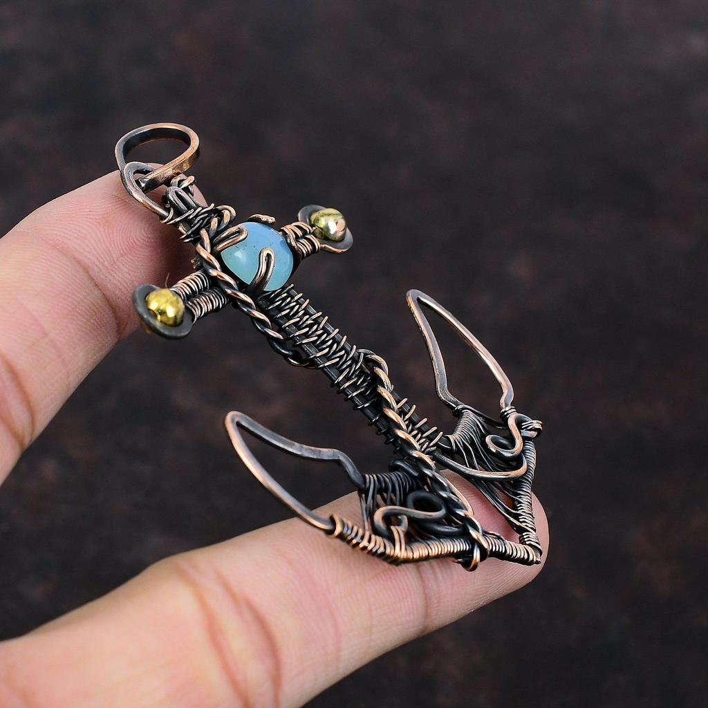 Blue Chalcedony Pendant Copper Wire Wrapped Pendant Handmade Pendant Copper Jewelry Anchor Pendant Genuine Gemstone Pendant Anniversary Gift