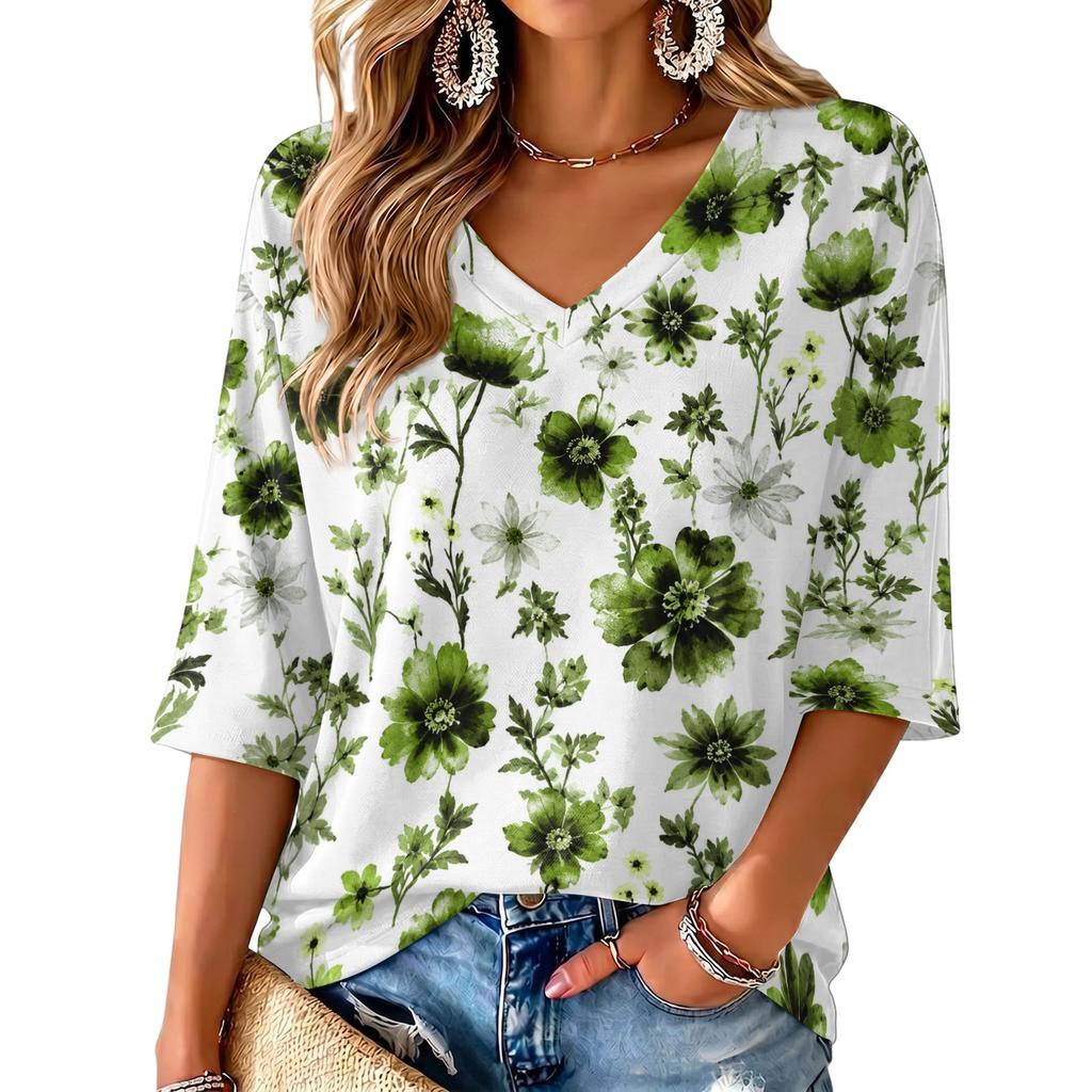 Women's V-Neck Retro Floral Print Lightweight Blouse for Spring and Summer