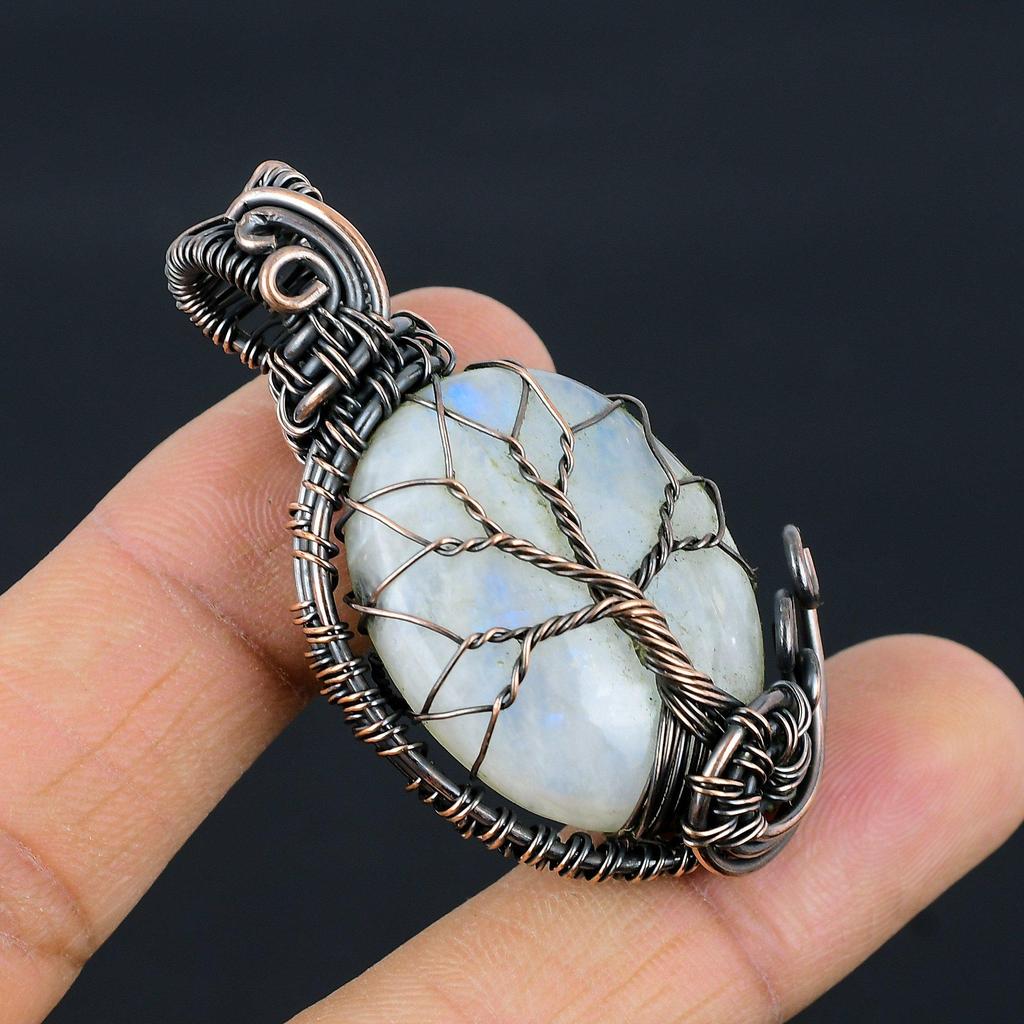 Pingente Envolto em Fio de Cobre 999 Pedra da Lua, Pingente de Gema Feito à Mão, Presente Para a Mãe Joia Antiga