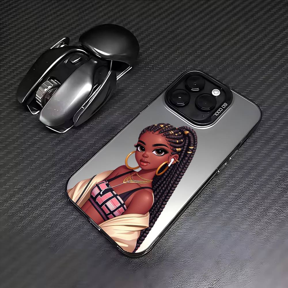 Afro Black Girls Cartoon Phone Case For iPhone 17,16,15,14,13,12,11 Plus,Pro Max,Colored Silver Phone Case