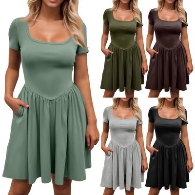 Women's Summer Casual Short Sleeve Dress U Neck A Line Pleated Swing Dresses Basic Short Dress With Pockets