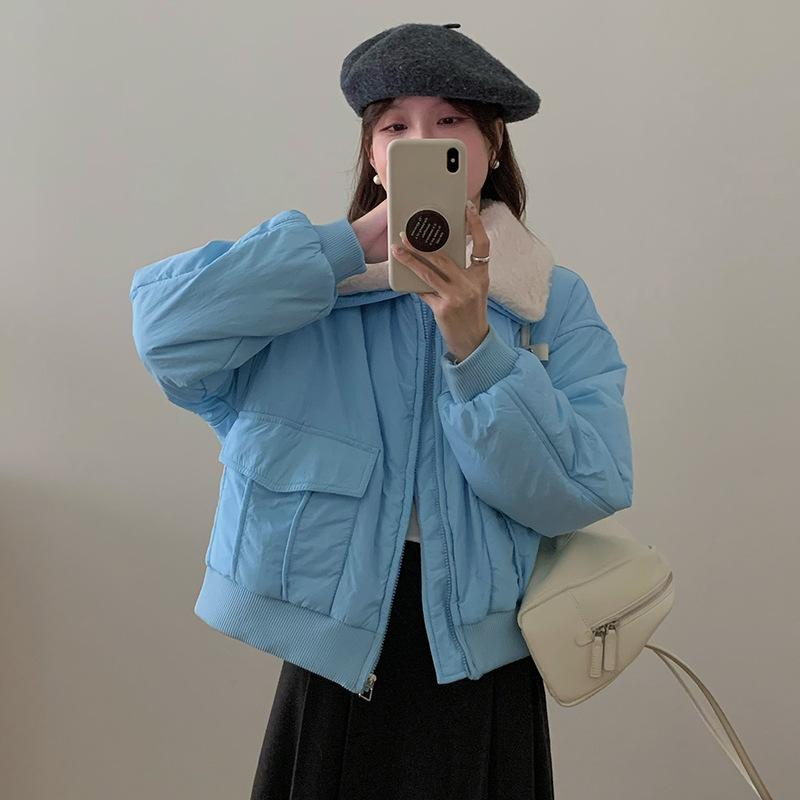 Lapel lambswool down cotton jacket women's 2025 winter thickened cropped cotton jacket women's design sense women's coat