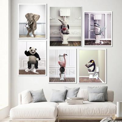 Bathroom Humor Animal Dinosaur Rabbit Shark Fox Wall Art Print Canvas Painting Bathtub Poster Wall Pictures Toilet Home Decor