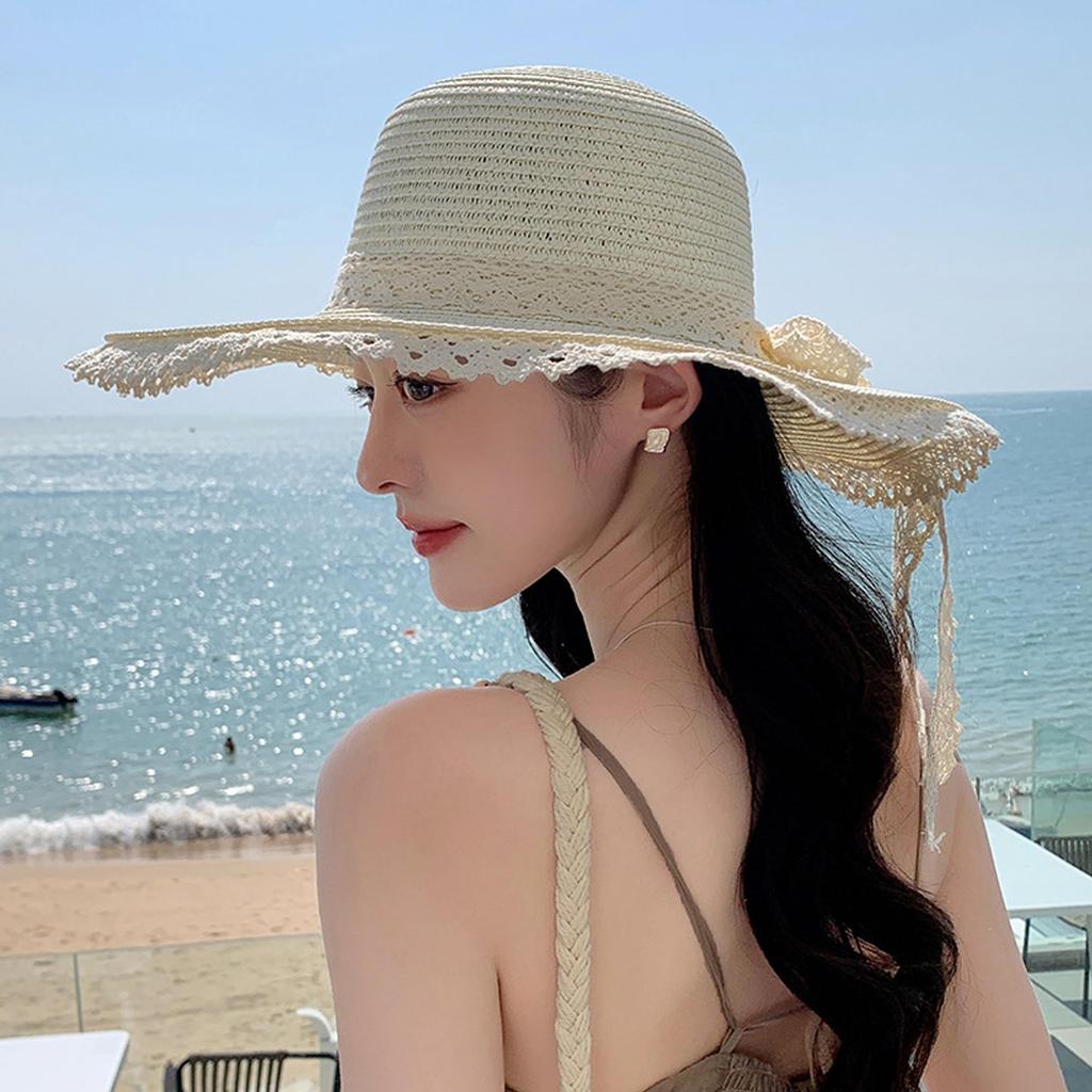 Straw Boater Wide Sun Super Slimming Beaded Actress Lace Ribbon Free [easylivegogo] Women's Hat, Hat, Brim, Hat, Breathable, Quick-Drying, Cool,