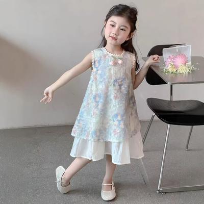 Rochie Vestă Fete Vară cu Dantelă, Fără Mâneci, Florală, Rochie de Vacanță Prințesă