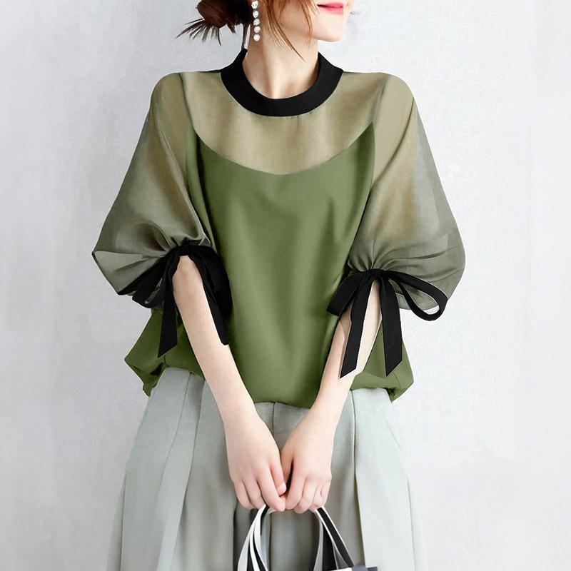 

ZANZEA Женская летняя блузка с сетчатыми вставками, повседневная, с коротким рукавом 4XL зелёный