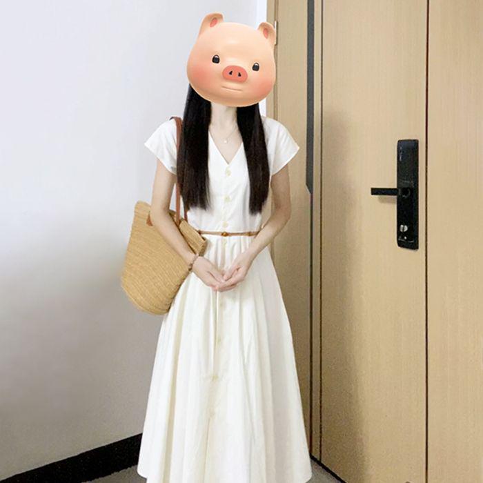 

2025 Французское белое летнее платье мини с V-образным вырезом для приморского отдыха - Длинный фасон с акцентом на талии Large белый