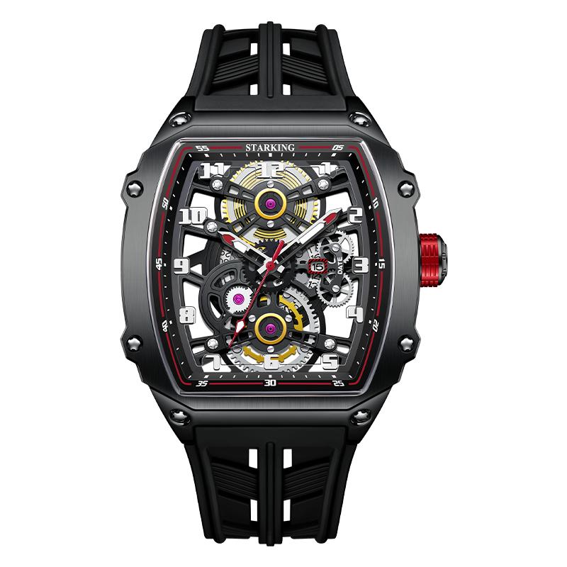 STARKING MIYOTA 6T15 Automatic Mechanical Watch Skeleton Dial Silicone Band Waterproof Luminous Tonneau Design Men's Wristwatch