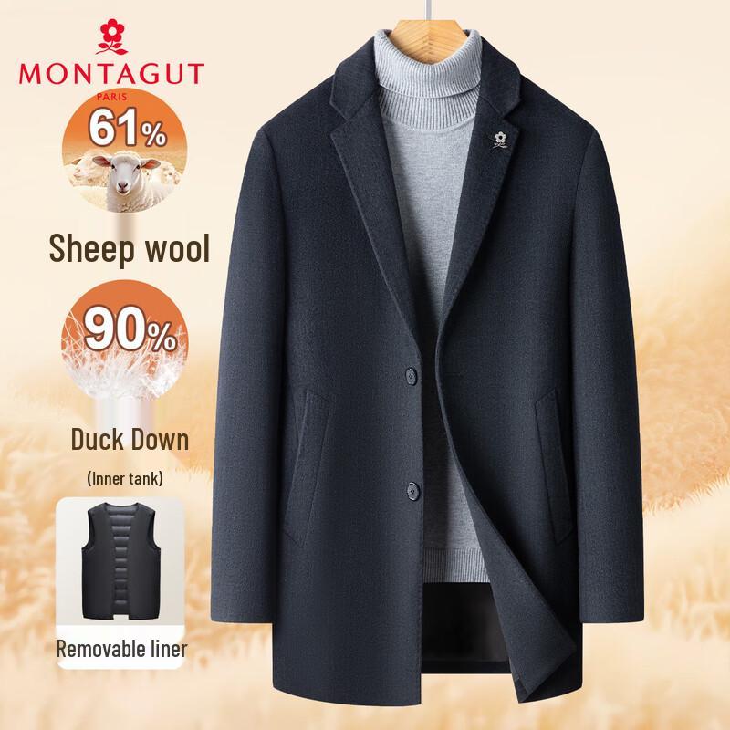 

MONTAGUT Men s Merino Wool Blend Detachable Down Suit Overcoat L